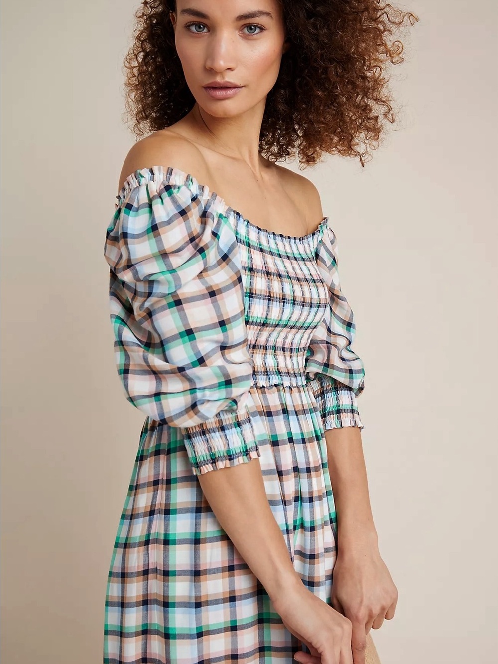 Anthropologie Maeve Cerie Smocked Midi Dress Boho Plaid Green Pockets S - Picture 3 of 5